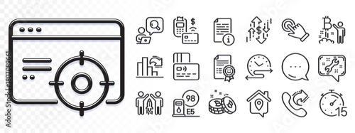 Pos terminal, Bitcoin project and Share call line icons for web app. Glare of light effect. Message icon. Pack of Manual, Bitcoin, Work home pictogram icons. Vector