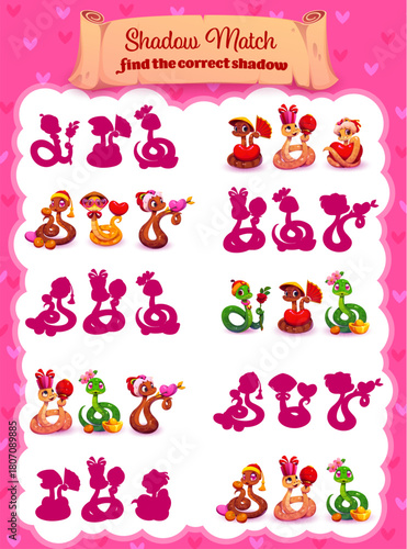 Find the correct shadow of valentines cute snakes. Shadow match riddle vector worksheet, St Valentine day silhouette find kids game. Love holiday similarity search puzzle with funny snakes characters