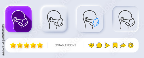 Medical mask line icon. Neumorphic, Flat shadow, 3d buttons. Safety breathing respiratory mask sign. Coronavirus face protection symbol. Line medical mask icon. Social media icons. Vector