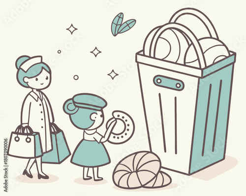 Charming illustration depicting a scene of cleanliness, featuring characters on a transparent background.