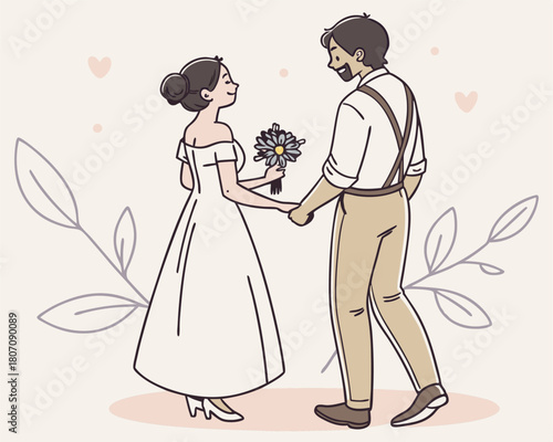 Charming wedding illustration featuring newlyweds holding hands with floral accents in a modern flat design