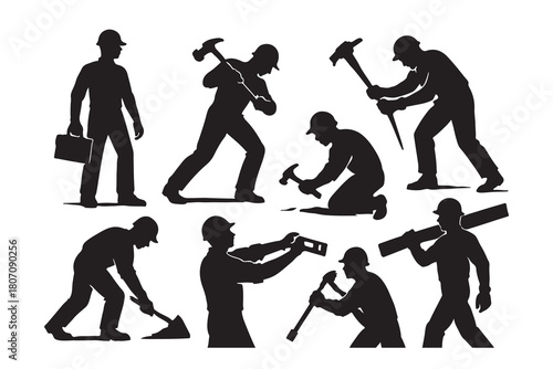 Collection of construction worker silhouettes engaged in various labor activities isolated on white background