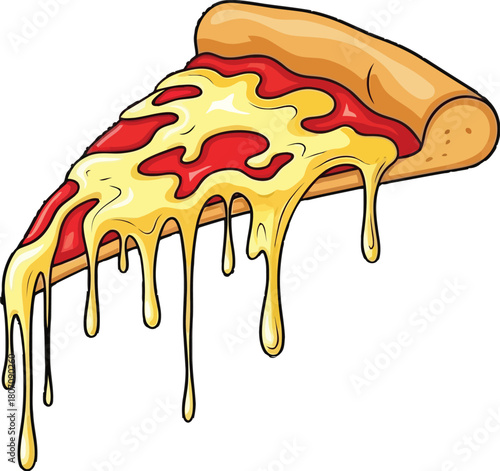 Delicious cheesy pizza slice with melted mozzarella, cartoon style illustration