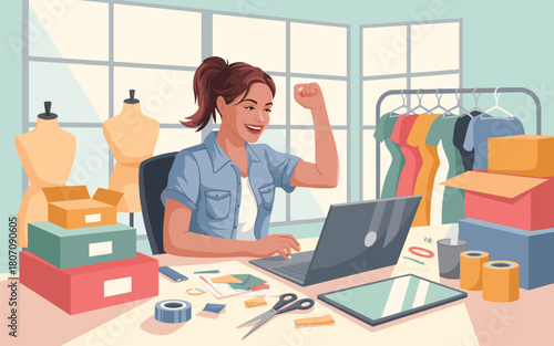 Successful woman celebrating achievement in online business from home