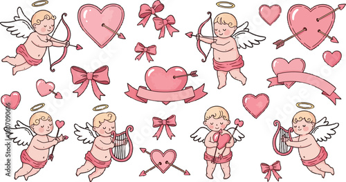 Adorable Cupids and Hearts Seamless Pattern with Angelic Charm, Pink Hues