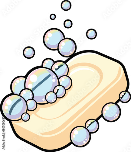 Cartoon Illustration of Soap Bar with Bubbles for Hygiene Promotion