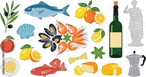 Mediterranean Diet Illustration Featuring Seafood, Citrus, and Traditional Elements