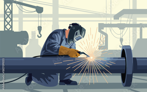 Welder working on a large pipe with sparks flying in a factory setting