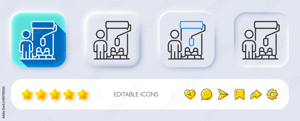 Fototapeta premium Painter line icon. Neumorphic, Flat shadow, 3d buttons. Paint brush roller sign. Professional artist symbol. Line painter icon. Social media icons. Vector