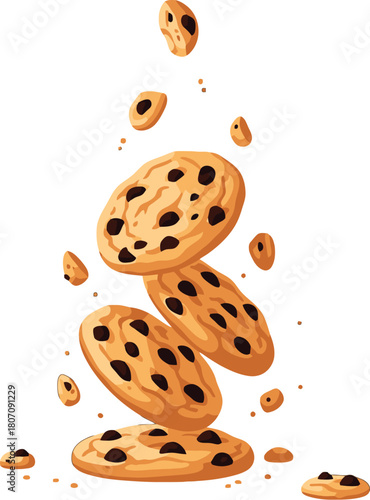 Delightful cascade of freshly baked chocolate chip cookies illustration