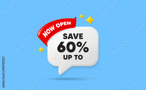 Discount ribbon speech bubble. Now open flag ribbon. Save up to 60 percent. Discount Sale offer price sign. Special offer symbol. 3d sparkle stars speech bubble. Vector