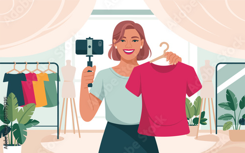 Woman filming a clothing haul video with a smartphone on a gimbal