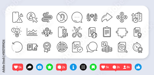 Compliance, Recovery data and Intestine line icons pack. Social media: share, comment, like icons. Timer, Scissors, Time management web icon. Phone pay, Approved award, Globe pictogram. Vector