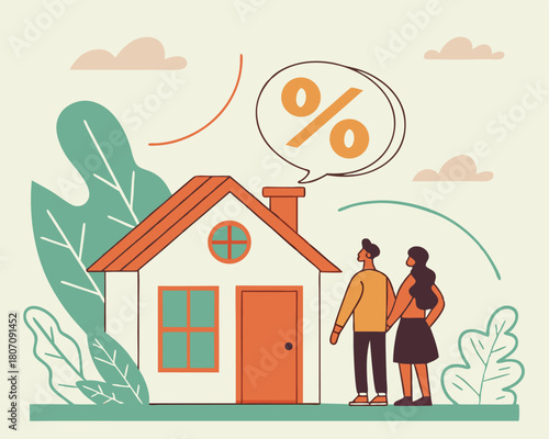Conceptual illustration showcasing a couple with a house and percentage symbol related to mortgage and real estate.