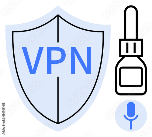 Shield labeled VPN, nasal spray bottle, microphone icon convey cybersecurity, health awareness, online communication. Ideal for privacy, encryption, healthcare, technology safety online freedom