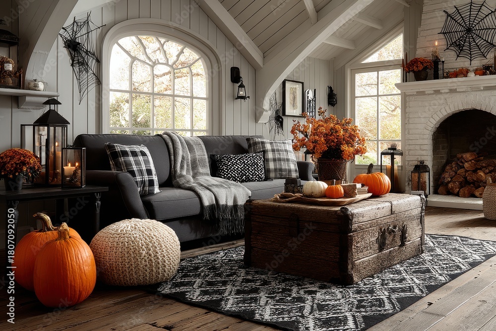 Fototapeta premium Cozy autumn living room with pumpkins, fireplace, and rustic coffee table for Halloween decor
