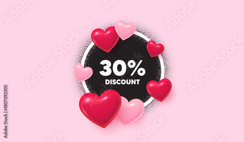 Discount picture frame banner. Circle photo frame. 30 percent discount tag. Sale offer price sign. Special offer symbol. 3d hearts balloons. Grain dots pattern. Vector