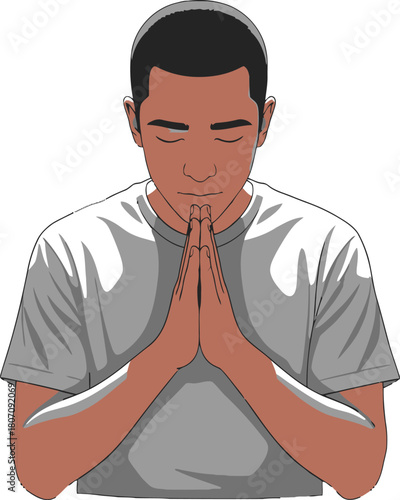 Vector illustration of a man praying with hands clasped near face