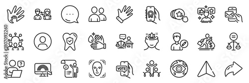 Cyber attack, Online voting and Manual doc line icons pack. Share, Message, Paper plane icons. Online question, Court judge, Users web icon. Hold heart, Salary, Yoga mind pictogram. Vector