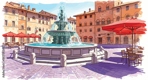 Beautiful historic fountain stands in the center of a sunny Italian piazza, surrounded by old buildings and outdoor cafes.