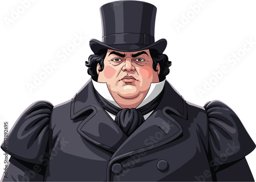 Cartoon illustration of a Victorian gentleman with top hat and dark coat