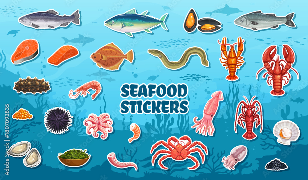 Naklejka premium Cartoon seafood and fish stickers pack with vector tuna, trout, shellfish and lobster, crab shrimp, squid and octopus. Oyster and caviar, seaweed, eel, mussel and scallop seafood cartoon stickers