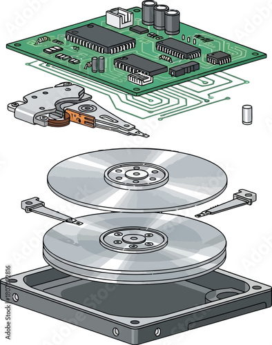 Detailed illustration of a disassembled hard drive revealing internal components