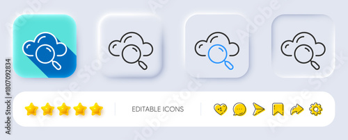 Cloud computing search line icon. Neumorphic, Flat shadow, 3d buttons. Internet data storage sign. File hosting technology symbol. Line cloud computing icon. Social media icons. Vector