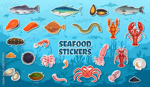 Cartoon seafood and fish stickers pack with vector tuna, trout, shellfish and lobster, crab shrimp, squid and octopus. Oyster and caviar, seaweed, eel, mussel and scallop seafood cartoon stickers