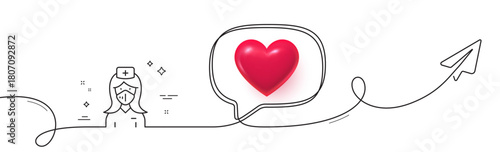 Nurse with medical mask line icon. Continuous line with share plane. Doctor assistant sign. Face protection symbol. 3d heart in speech bubble. Nurse single line ribbon. Loop curve pattern. Vector