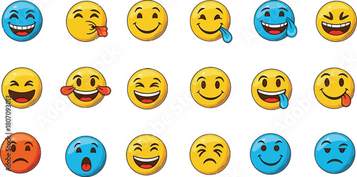 Collection of diverse expressive cartoon emoticons conveying various feelings