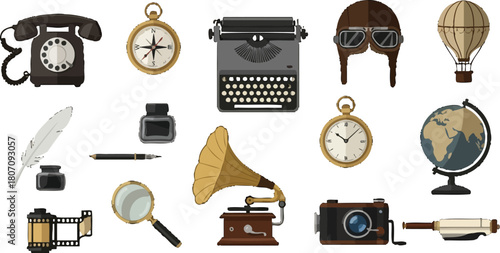 Vintage inspired collection showcasing antique communication and navigation tools