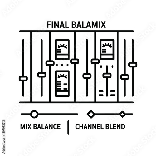 Audio mixing console with sliders and meters, representing sound balance and channel blend, isolated on