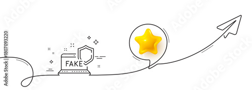 Fake internet line icon. Continuous line with share plane. Web propaganda sign. Wrong truth symbol. 3d star in speech bubble. Fake internet single line ribbon. Loop curve pattern. Vector