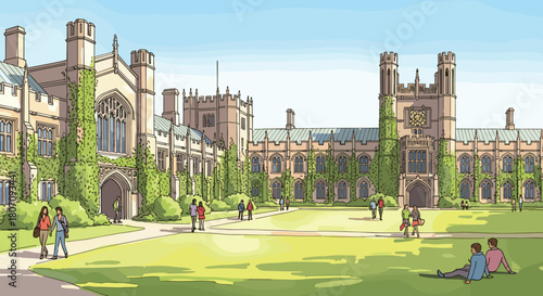 University students relax and walk on a sunny green quad surrounded by historic ivy-covered Gothic-style campus buildings.