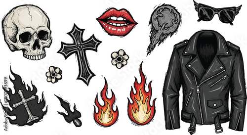 Rock and Roll Inspired Vector Elements with Skull, Flames, and Leather Jacket