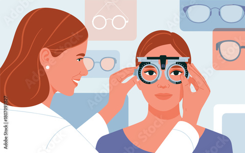 Optometrist performing an eye exam with trial frame on patient