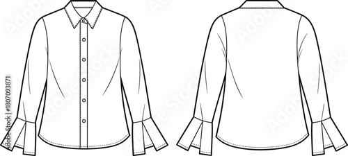 Women's blouse technical sketch, front back view, pointed collar, button-down shirt, pleated cuff sleeve, tailored fit, fashion illustration, garment template, vector line art
