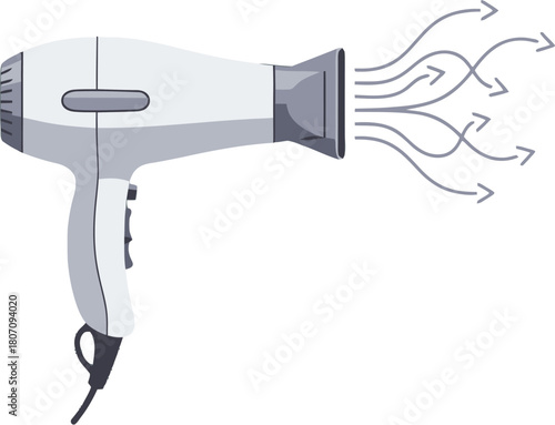 Stylized hair dryer illustration emitting heat currents on isolated canvas