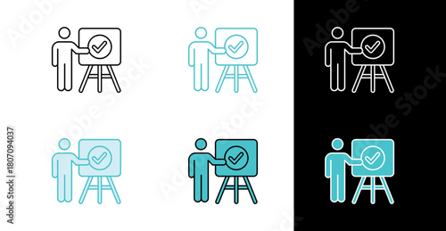 Person presenting check mark on board icon for training approval and onboarding in line and fill style