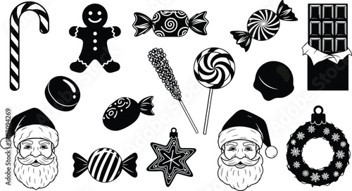 Christmas Candy, Gingerbread Man, and Santa Vector Silhouette Set, Holiday Sweet Treat, Lollipop, and Wreath Icons, Black Flat Drawing of Festive Dessert and Ornament Graphics