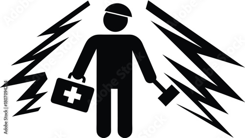Electrical Hazard Icon: Black Silhouette of a Worker with a Toolbox and Hammer Surrounded by Lightning Bolts, Emphasizing Safety and Risk             