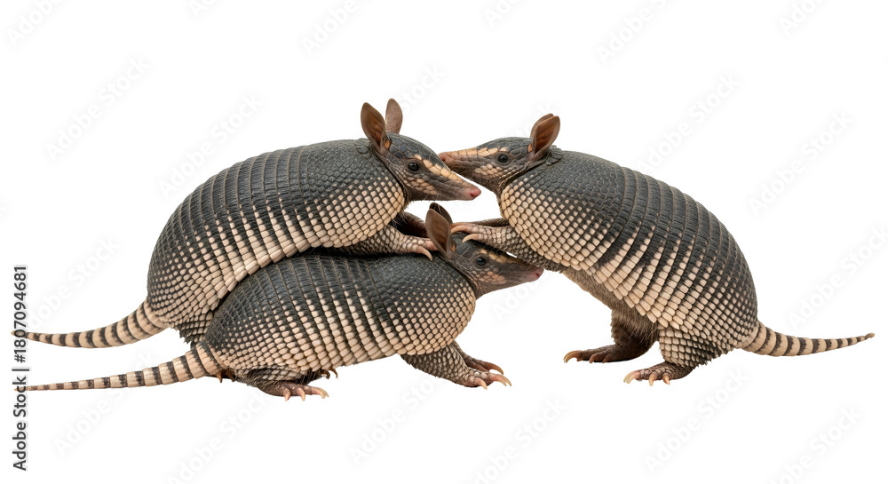 Obraz premium Three Armadillos Huddled Together On A Transparent Background Showing Their Striped Armor And Long Tails In A Close Up View