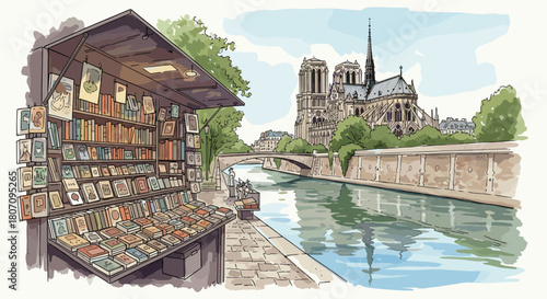 Charming bookseller stall along the River Seine in Paris, offering a picturesque view of the iconic Notre Dame Cathedral.