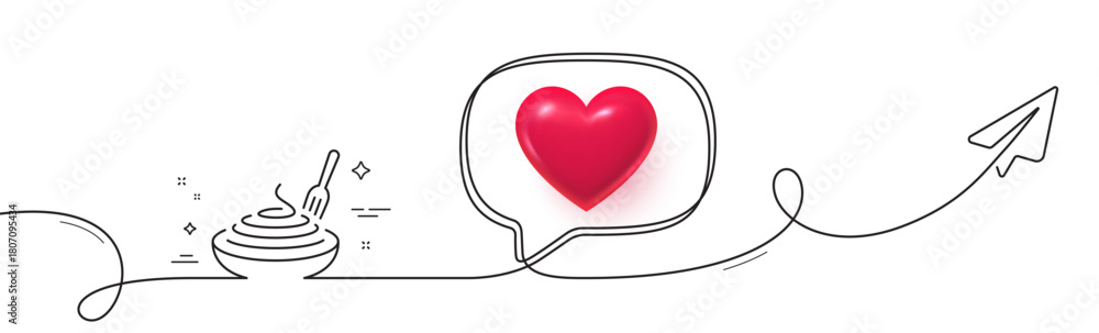 Naklejka premium Pasta dish line icon. Continuous line with share plane. Plate with macaroni sign. Food bowl with fork symbol. 3d heart in speech bubble. Pasta dish single line ribbon. Loop curve pattern. Vector
