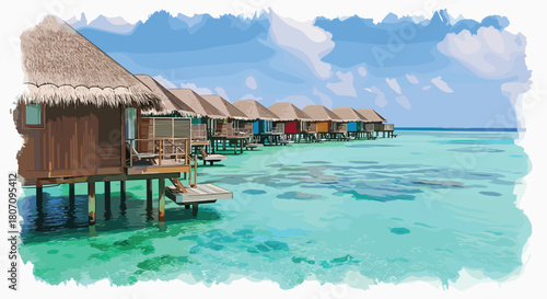Luxurious overwater bungalows with thatched roofs stand in a row above the calm, crystal-clear turquoise ocean waters.