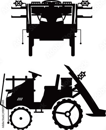 正面、横から見た田植え機（農業機械）の白黒シルエット