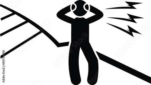 Stick Figure Covering Ears Amidst Lightning and Falling Objects Depicting Stress, Danger and Problems in Black and White                              