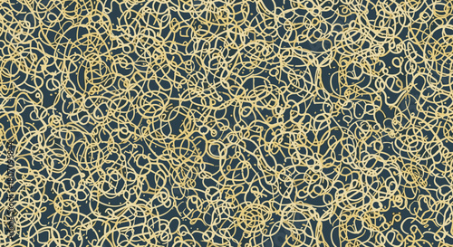 A luxurious seamless pattern of chaotic, tangled golden threads or scribbles on a dark textured background for an elegant, modern design.