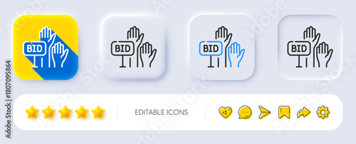 Bid offer line icon. Neumorphic, Flat shadow, 3d buttons. Auction sign. Raise the price up symbol. Line bid offer icon. Social media icons. Vector